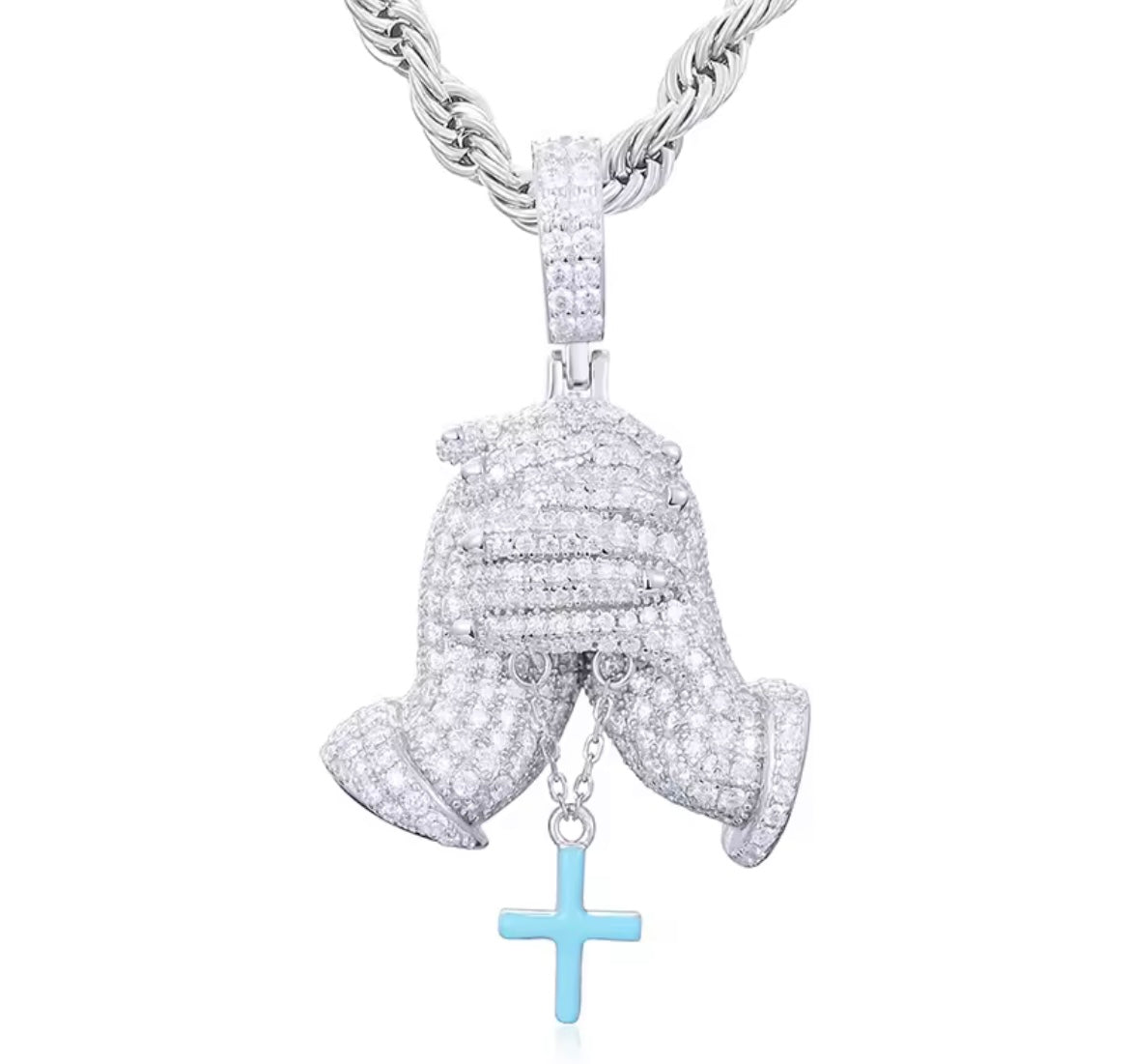 Glowing Hand of Prayer Cross Pendant