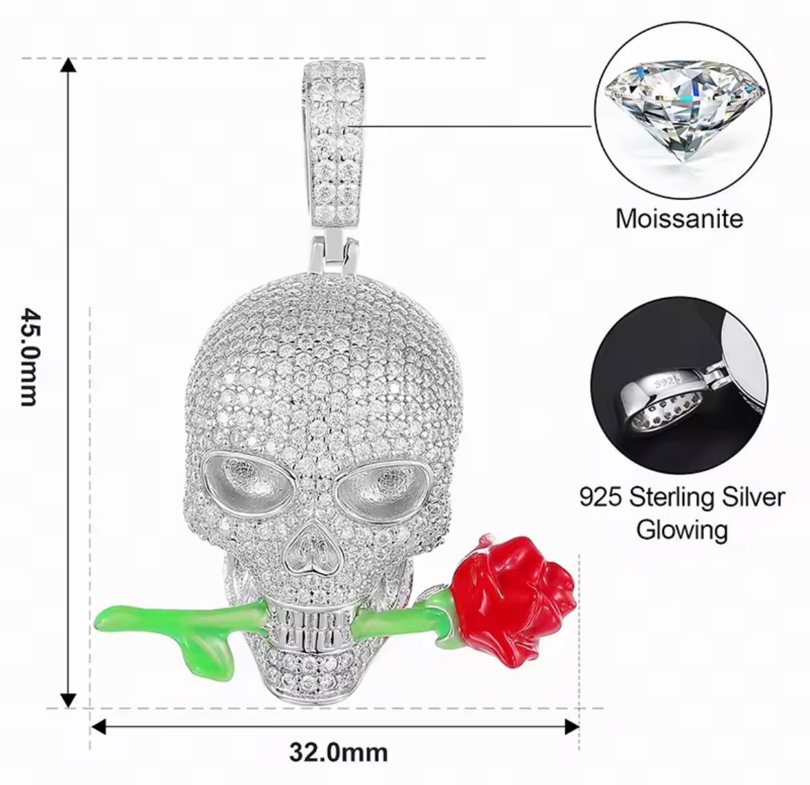 Glowing Skull Rose Pendant