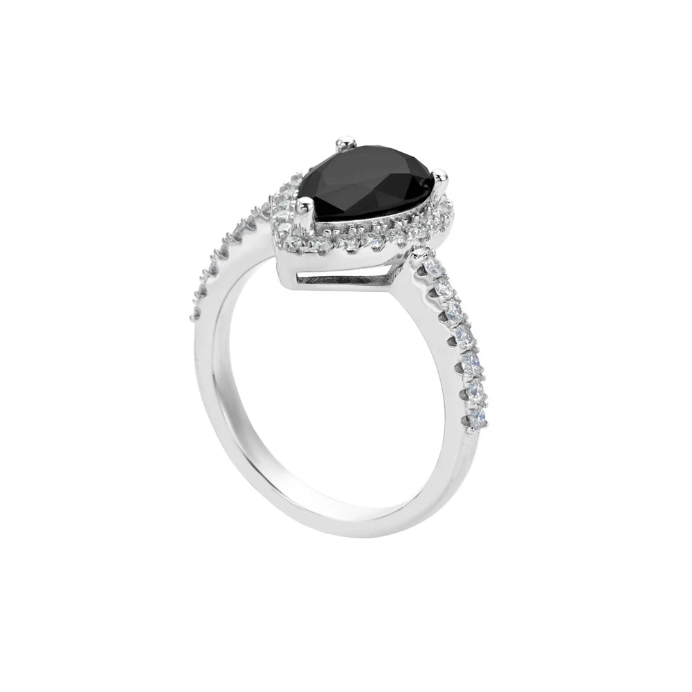 2.0ct Silver Pear Shaped Black Ring