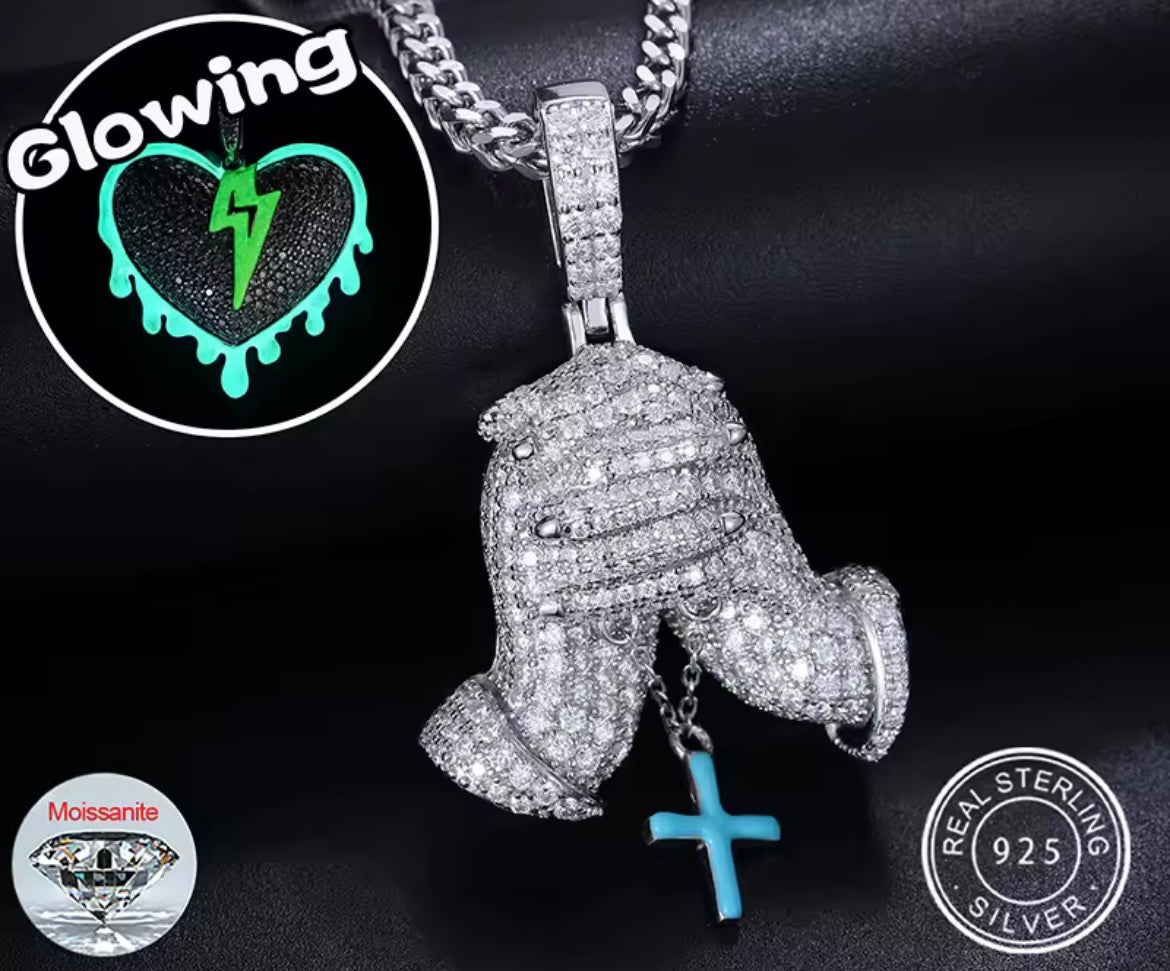 Glowing Hand of Prayer Cross Pendant