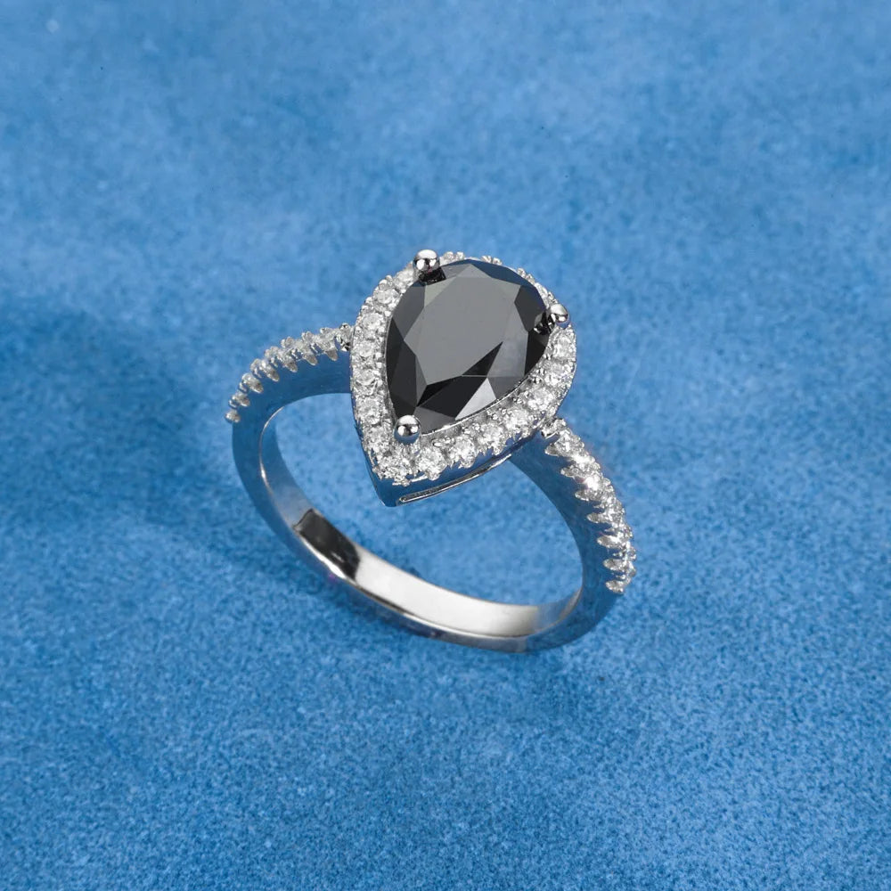 2.0ct Silver Pear Shaped Black Ring