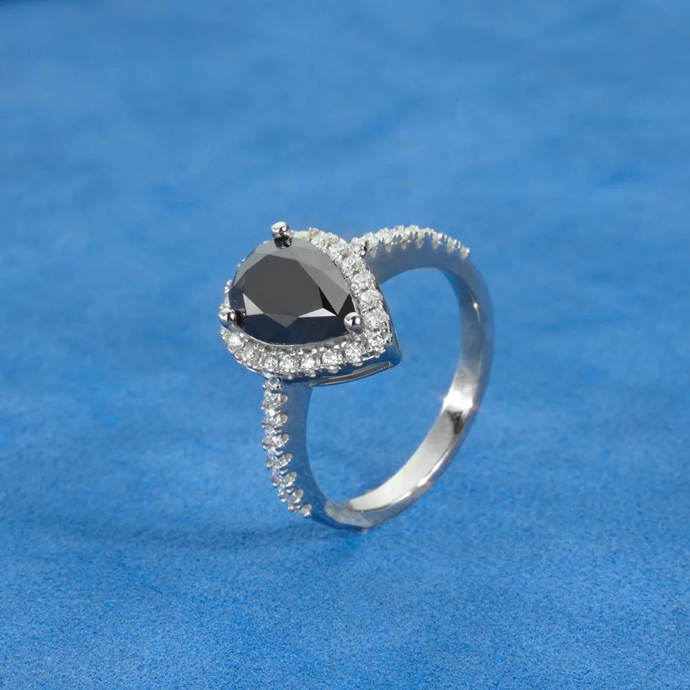 2.0ct Silver Pear Shaped Black Ring